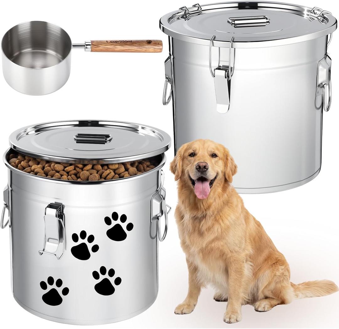 Lounsweer 2 Pack 5.5 Gal Stainless Steel Dog Food Storage Container with Lid and Locking Clamp 21 L Metal Airtight Container Large Stainless Steel Bucket with Food Scoop for Pet Feed