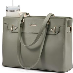 LOVEVOOK Laptop Tote Bag for Women Work, Teacher Tote Bag with Large Cup Holder, 15.6 Inch Waterproof Leather Computer Bag (Green)