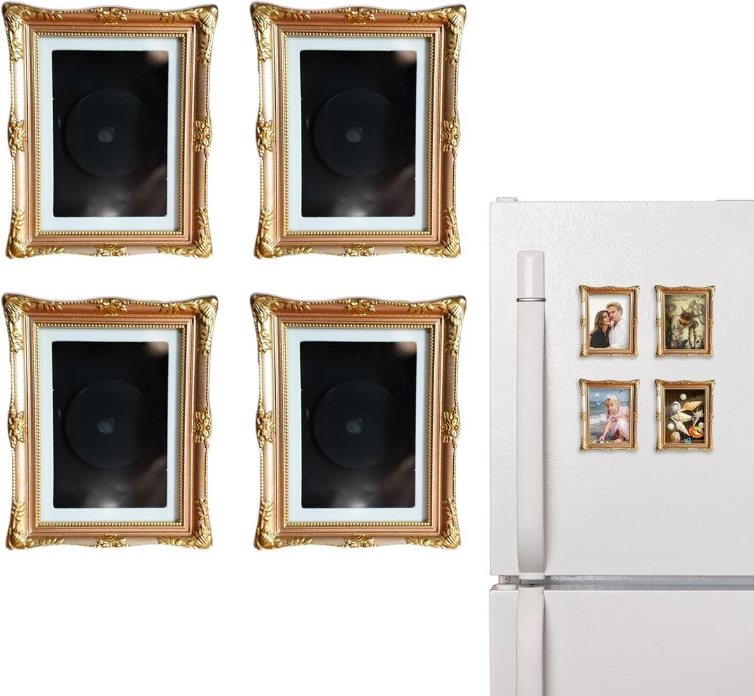 4 Pack Magnetic Picture Frames for Refrigerator - 3"x2" Vintage Photo Frames(Dimensions with Card Size2.4" X 1.6"), Antique,Ornate,Paintings, Home & Office Decorative Gift (Pink)
