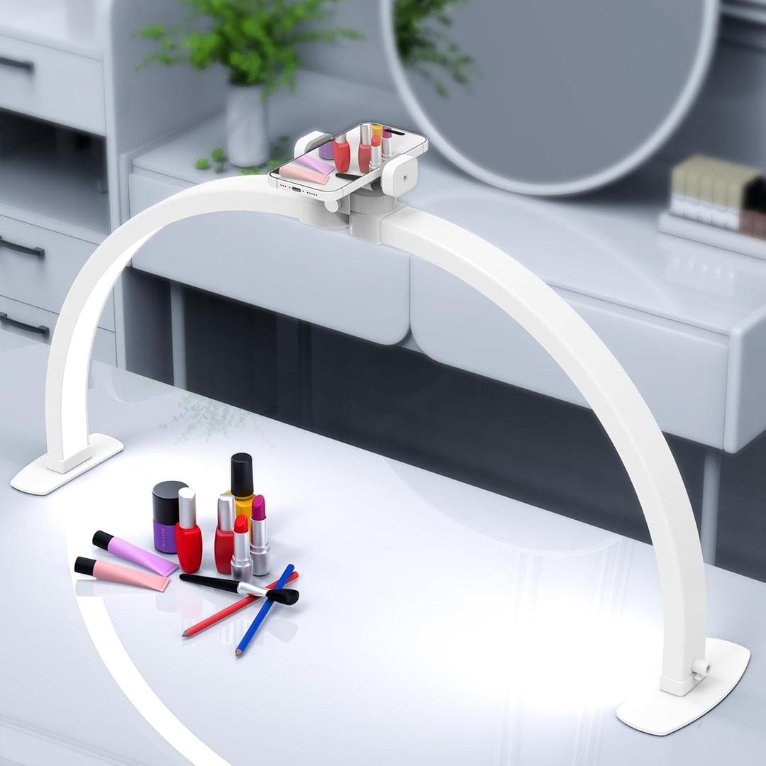 Foldable Large Half Moon LED Light for Table Nail Desk with Phone Stand, Upgrade Arch Light for Nail Techs with Wire Controller for Manicure Tattoo Beauty (White, Large)