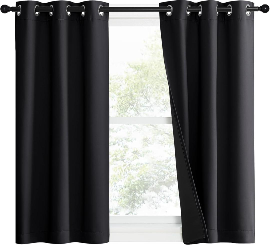 NICETOWN Complete 100% Blackout Curtain Set, Black, 37" W by 50" L, Double Panels, Thermal Insulated & Energy Efficiency Window Draperies with Black Liner, Noise Reducing Short Curtains for Kids Room