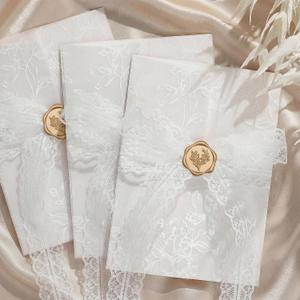 UNIQOOO 50 Sets Wedding Invitation Kit, White Floral Vellum Jackets for 5x7 Invitations w/Lace Ribbon & Eucalyptus Wax Seal Stickers, Wedding Invitation Accessories