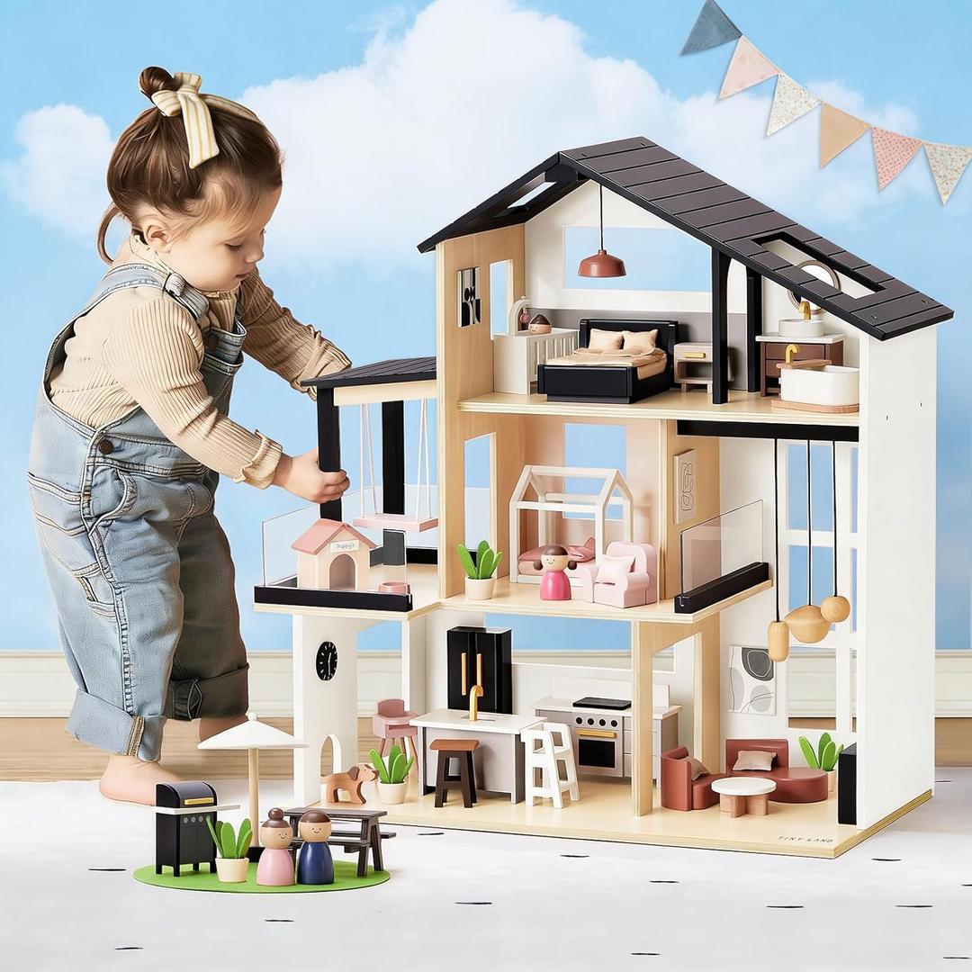 Tiny Land Doll House, Modern Family Dollhouse with Realistic Design, Wooden Dollhouse with 53Pcs Furniture - Ideal Gift for Kids Ages 3+