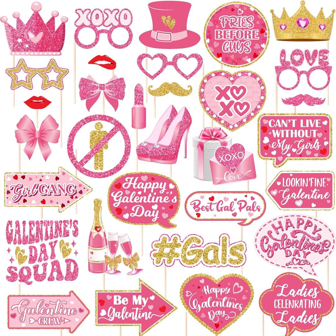 Galentines Day Photo Booth Props,36Pcs Galentines Photo Booth Props Pink Galentines Day Decorations Happy Galentines Day Props for Galentines Day Ladies Girls Friendship Day Party