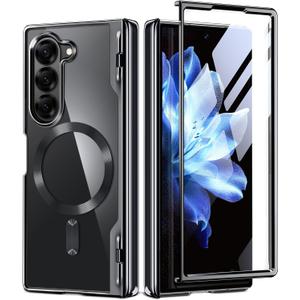 BERFY Upgraded Magnetic for Z Fold 6 Case, Compatible with Magsafe,[Built-in Screen Protector & Hinge Protection]Full-Body Plating Slim Shockproof Phone Case for Samsung Galaxy Z Fold 6 5g 2024, Black