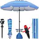 HOMEDEMO 8FT Large Beach Umbrella with Weight Bag & Sand Anchor, Outdoor Umbrellas with Adjustable Aluminum Pole and Table, Heavy Duty Windproof & UPF 50+ (Navy Blue Stripe)