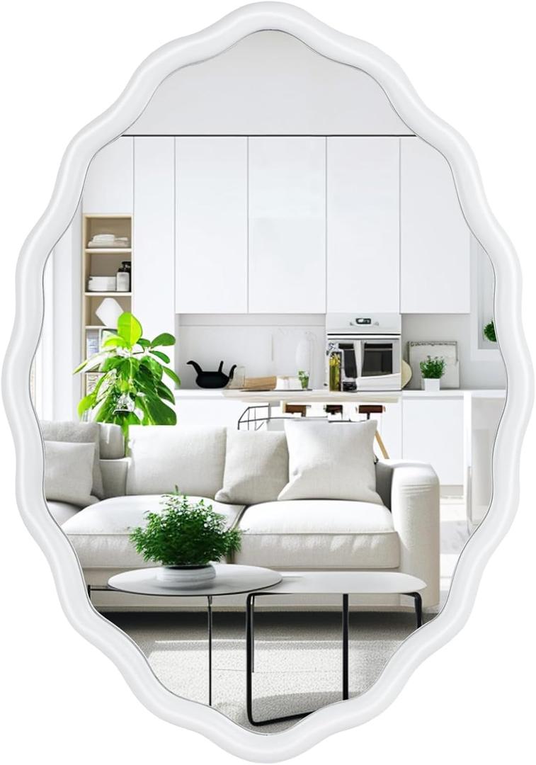 Oval Bathroom Mirror Wall Mounted Large Decorative Wall Mirror for Living Room, Bedroom, or Entryway Vintage Sunburst Design with Beveled Detailing Wavy Frame Vanity Mirror (White)  30"L x 20"W
