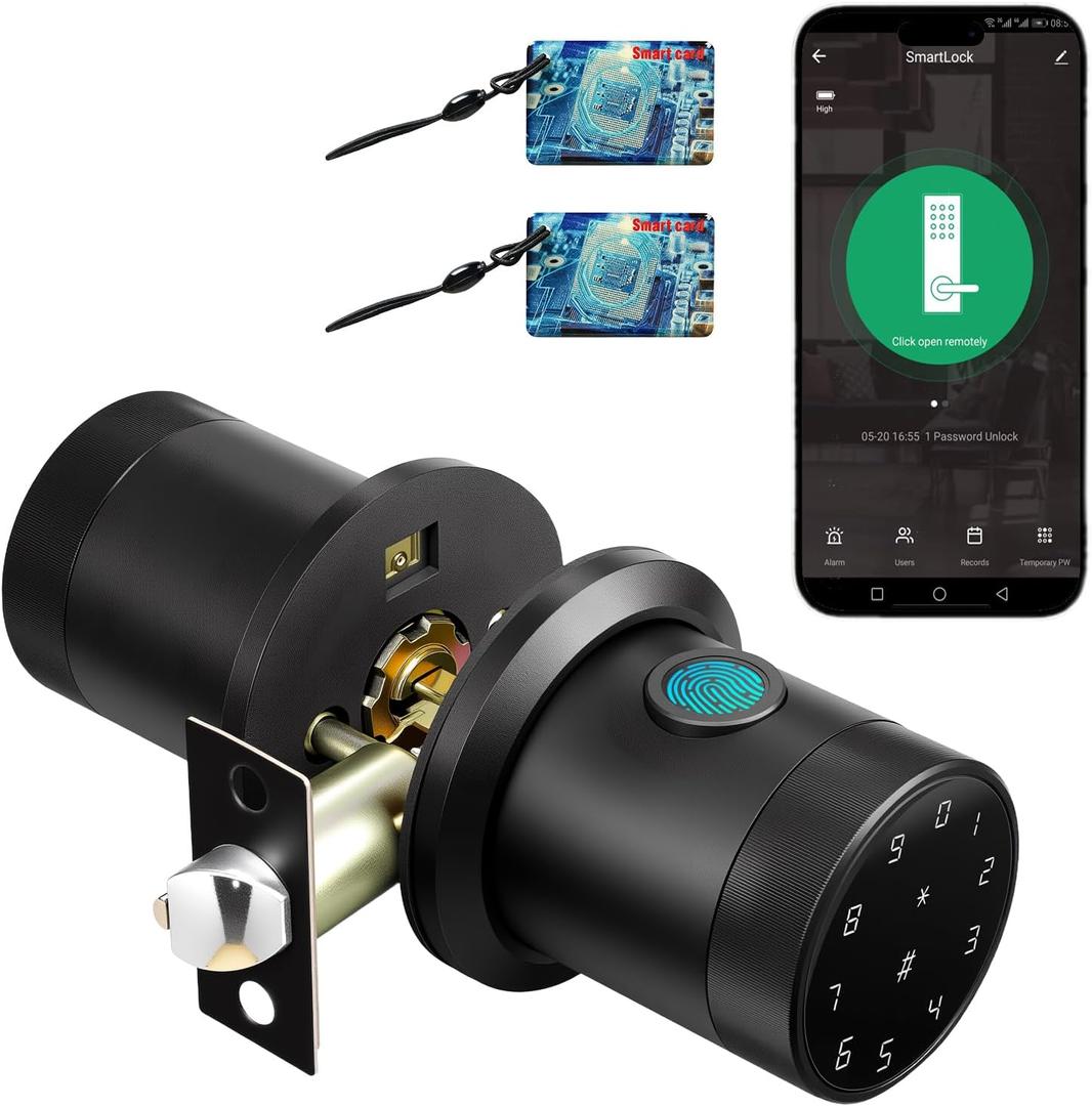 Fingerprint Door Knob, Keyless Entry Smart Door Knob with Touchscreen Keypad, Key FOB, App Control, Auto Lock, Voice Prompts, 300+ User Capacity, Door Lock for Bedroom, Gate, Office, Matte Black