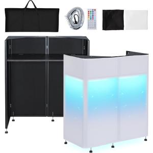 Kokorona Portable DJ Booth 20"x42.5"x45.3" with Dual Top Corners, DJ Facade Booth with Cable Hole, DJ Table Stand with Light Strip and Remote Control, Metal Frame + Black & White Scrims + Carry Bag, Double Layer - 43"L x 20"W