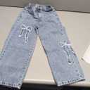 WDIRARA Girl's Bowknot Print Washed Jean Elastic Waist Denim Pants Straight Leg Trousers with Pockets Light Blue 7Y