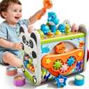 6-in-1 Montessori Toys for 3 Year Old, Hammering Pounding Toy with Xylophone, Number Maze, Spinning Gear, Shape Sorting, Spinning Fun, Birthday Gifts for Boys Girls 2+ Year Old