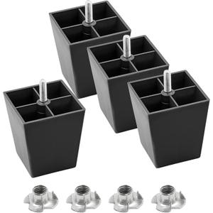 M8-1.25 Metric Thread Bolts Plastic Furniture Legs 3 Inch Black Square Sofa Feet with T-Nuts - Couch Feet Replacement - Couch Legs Set of 4