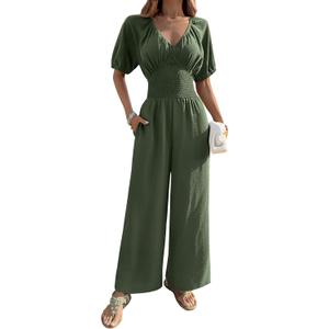BB&KK Women's Summer Jumpsuit Dressy Short Sleeve V-Neck Smocked High Waist Wide Leg Pants One Piece Romper with Pockets (Medium, Army Green)