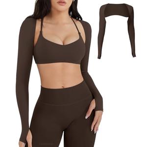 YEOREO Women Crop Top Long Sleeve Bolero Open Front Workout Cropped Shirts Sports Shrug (Coffee, M)