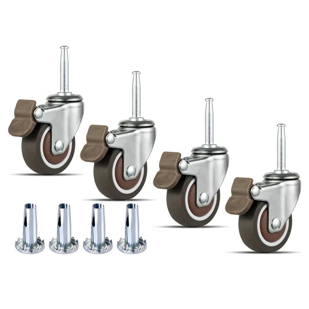 Rubber Caster Wheel 1.5 Inch Set of 4 Stem Casters 5/16" x 1-1/2" (8 x 38mm) Stem and 20mm Dia Sockets, Industrial Castors Locking for Furniture Crib Trolley Dining Car Casters