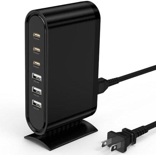 USB C Charger Block Charging Station,6 Port 3 Type C & 3 USB A Fast Charging Hub, Multi Device Wall Plug Brick for Apple iPhone 17 16 Pro Max/17 Air/15/14/iPad/Samsung Galaxy S25 Ultra/S24/S23/Android