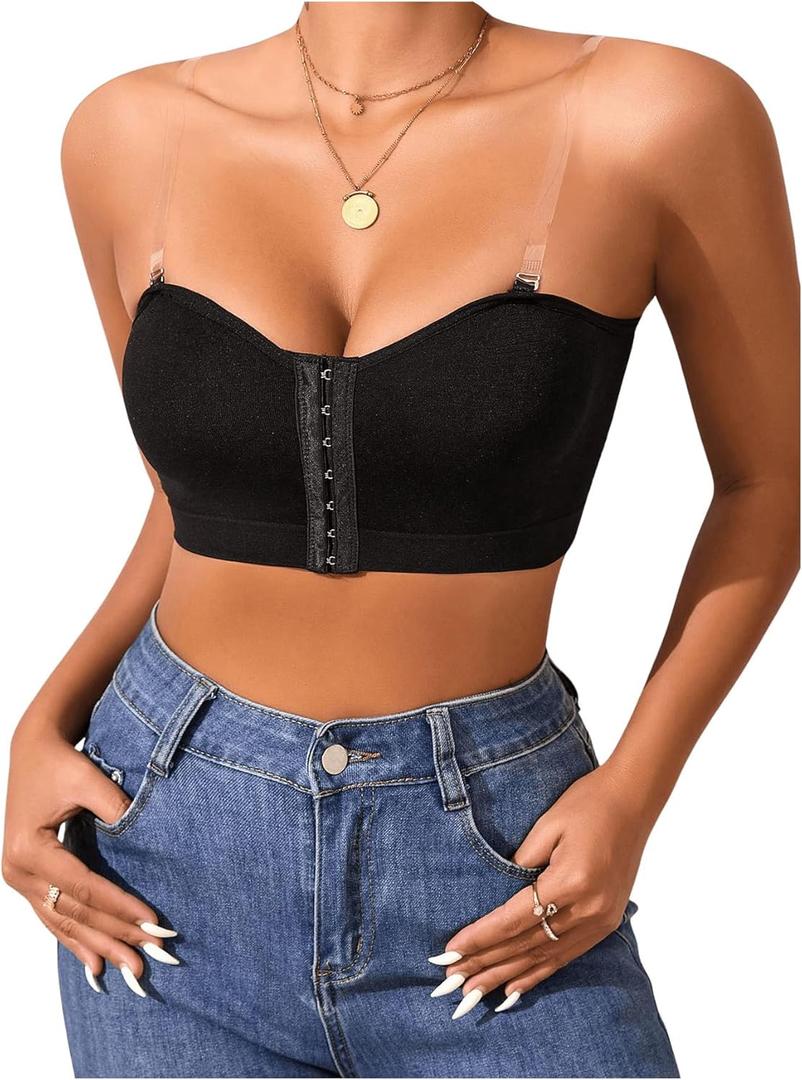 WDIRARA Women's Front Closure Strapless Bra Hollow Out Bandeau Bralette Comfort Wireless Bras with Clear Straps L