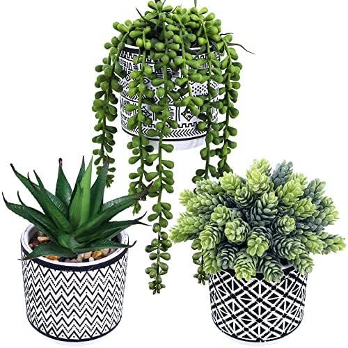 Winlyn  2 Pcs Small Potted Succulents Plants Artificial String of Pearls Aloe Hops Succulents in Black Geometric Concrete Pots for Gifts Modern Home Bathroom Window Table Indoor Outdoor Greenery Décor