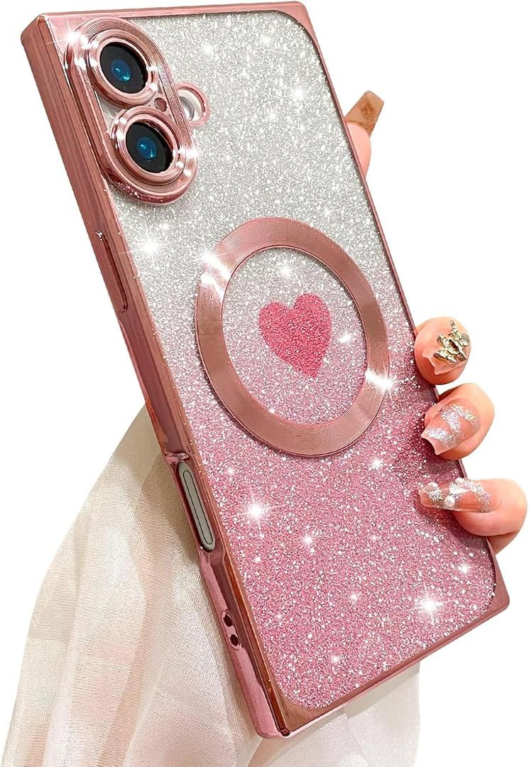 SAKUULO Case for iPhone 16 Plus 6.7 inch Cute Plating Clear Case [Compatible with Magsafe] Plating Heart Glitter Soft TPU Shockproof Camera Protection Bumper Cover for iPhone 16 Plus, Pink