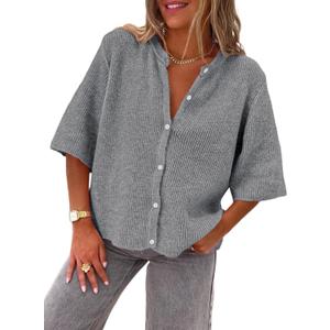 LILLUSORY Short Sleeve Cardigan Sweaters for Women 2025 Summer Cropped Button Up Sweater Tops Casual Shirt Y2K Outfits (Large, Gray)