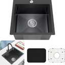 Black Kitchen Sink, Stainless Steel 18 x 18 Inch Top Mount Kitchen&Bar Sink Single Bowl Drop In Sink Set - Stainless Grid, Silicon Mat, Retracable Basket For Modern Stylish Kitchen