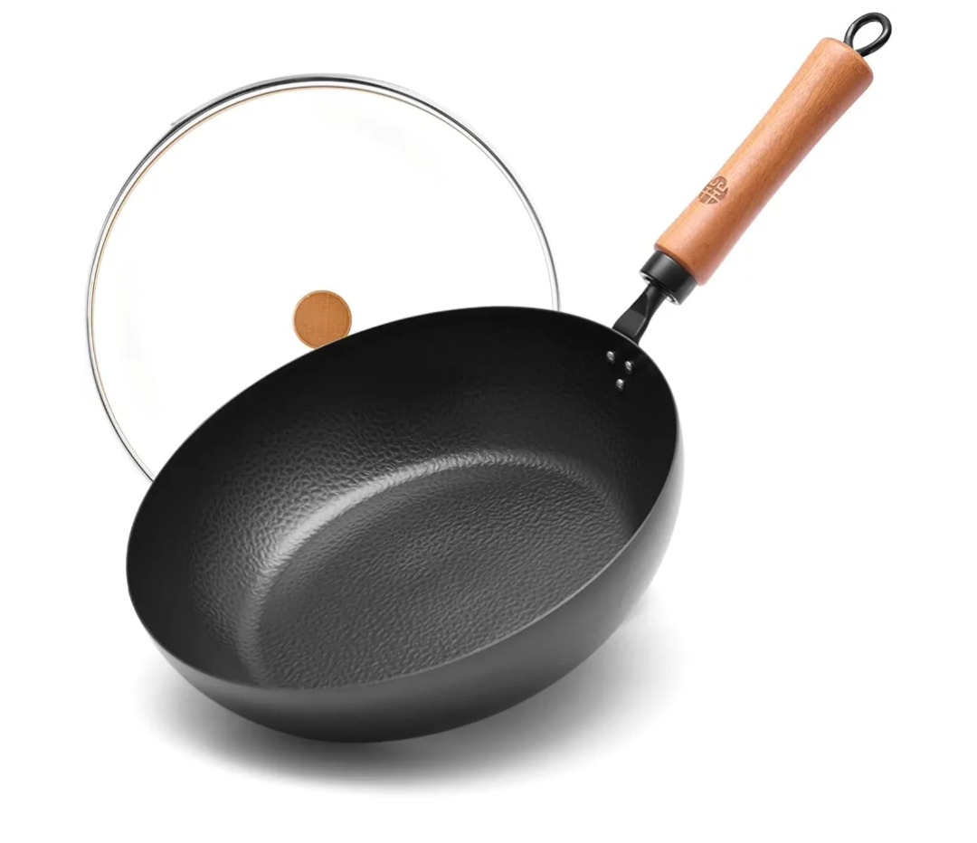WANGYUANJI 11Inch Carbon Steel Frying Pan with Beech Wooden Handle & Glass Lid  Physical NonStick, NonCoating Skillet for Induction, Sautéing, Frying, StirFrying