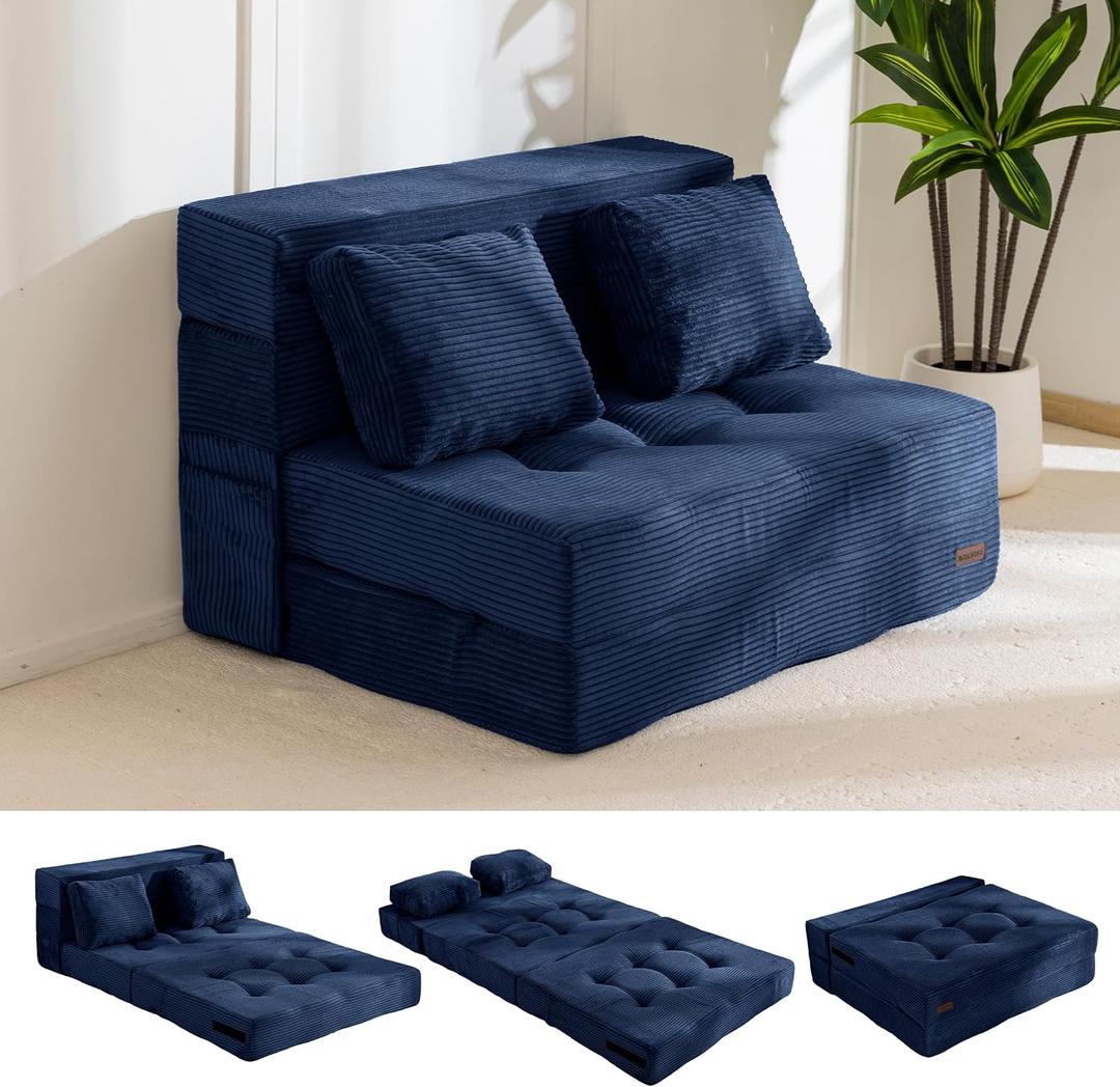 MAXYOYO Convertible Sofa Bed, Fold Out Sleeper Sofa with Pillow, 4 in 1 Tufted Folding Couch Bed Foam Floor Couch, Lazy Chair for Living Room Bedroom Guest Room, Navy, Full