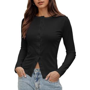 Women’s Ribbed Long Sleeve Tops Button Down Open Front Fall Going Out Button Up Slim Fit Casual Tops (Black, L)