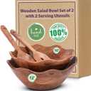 Melvvi Large Wooden Salad Bowl Set of 2 with 2 Serving Utensils | 10" &12 inch Extra Large Acacia Wood Serving Bowls | Great gift for mothers (Natural Set of 4)