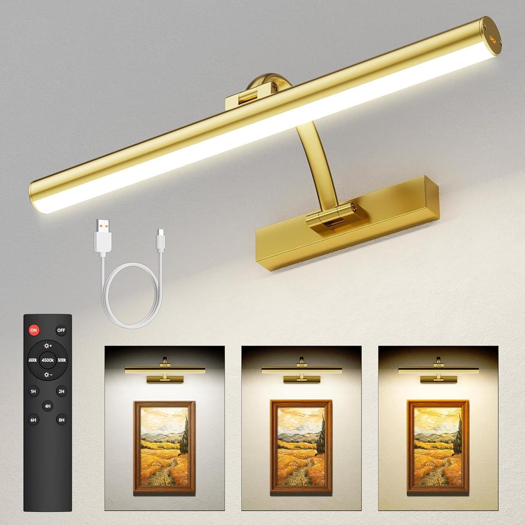 Picture Lights for Wall, 16.5" Rechargeable Art Light with Remote & Timer, 5200mAh Battery Operated Poster Lights, 3 Color Modes & 3 Brightness Levels for Pictures, Gallery, Frame (1 Pack)