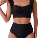 Women's Two Piece Swimsuits, High Waisted Ruffle Strap Tummy Control Bathing Suit Ruched Full Coverage Bikini Sets (Black, XL)