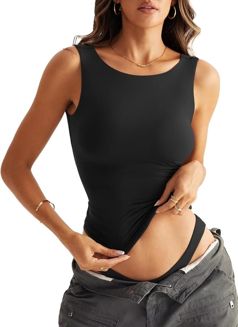 Women Sleeveless Boat Neck Tops Double Lined Backless Tank Tops Basic Fitted T Shirts 2025 (X-Small, Black)