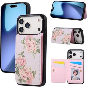 UEEBAI Wallet Case for iPhone 17 Pro with Card Holders, PU Leather Floral Cover Kickstand RFID Blocking Double Magnetic Clasp Rilievo Flower Flip Case for Women Girls - Rose Flower