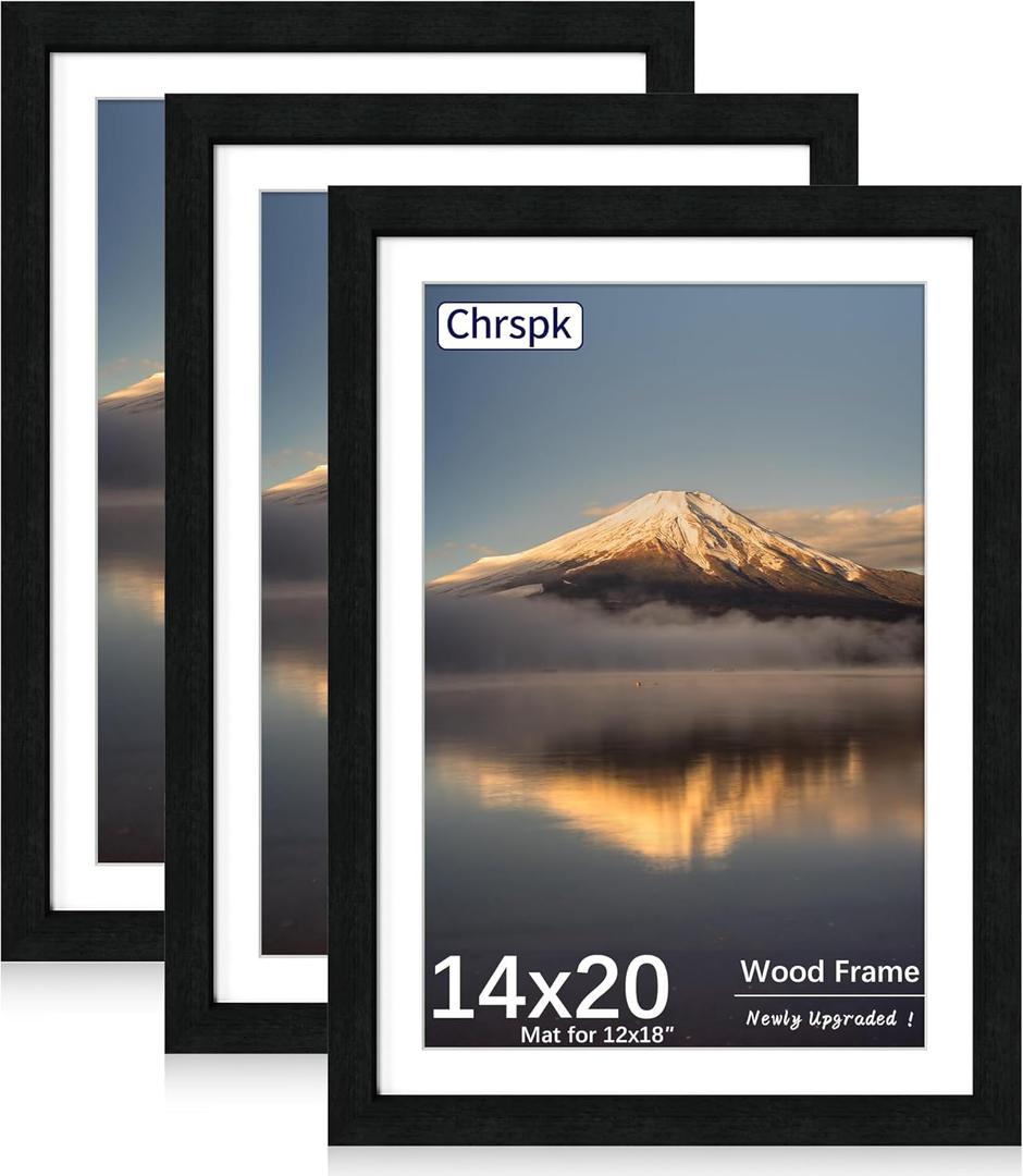 14x20 Poster Frame, Display Pictures 12X18 with Mat or 14x20 Without, Wall Hanging Frames, Black, 3 Pack