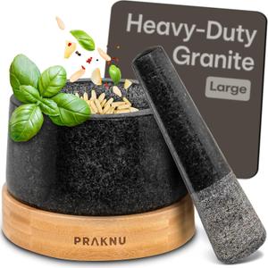 Mortar and Pestle Set Large 2 Cup - Heavy-Duty Stone Grinder for Spices & Herbs - Durable Granite Molcajete - Guacamole Bowl with Non-Slip Wooden Base - Effortless Grinding & Easy to Clean