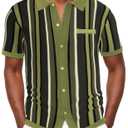 Mens Vintage Stripe Polo Shirts Short Sleeve Button Down Knit Sport Shirt Green XL