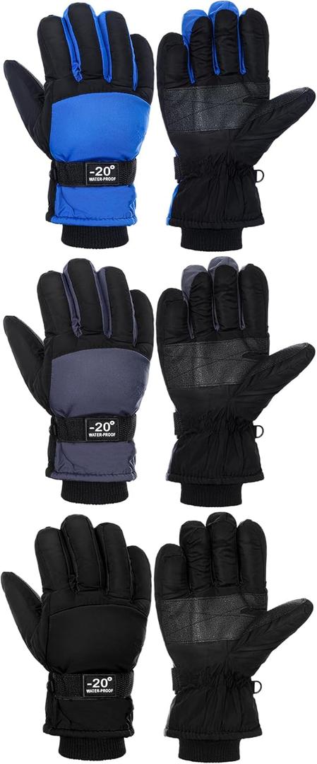 Geyoga 3 Pairs Kids Winter Ski Gloves Waterproof Snow Mittens Windproof Warm Gloves for Girls Boys cold weather (6-10 Years, Blue, Gray, Black)