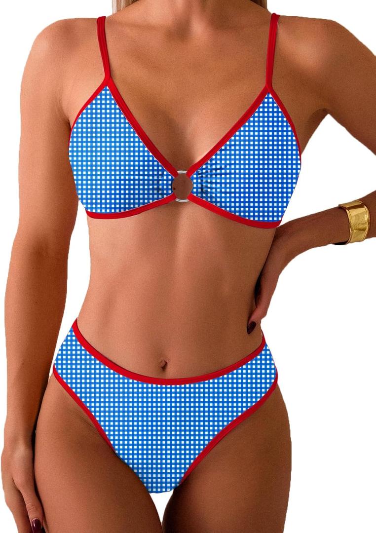 Fanuerg Women's Triangle Bikini Sets O Ring Linked Two Piece Swimsuits Floral Printed Cheeky Bathing Suit (Medium, Blue Grid)