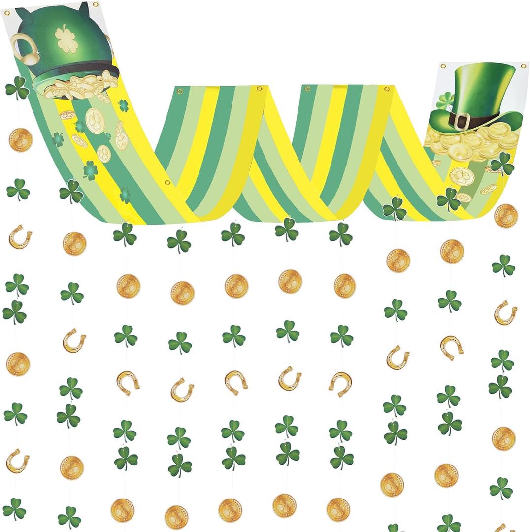 St. Patrick's Day Party Ceiling Decorations, Green Banner Hanging Pot of Gold and Leprechaun Hat Decorations with Shamrock Horseshoe and Gold Coin for St. Patrick's Day Irish Party Decoration