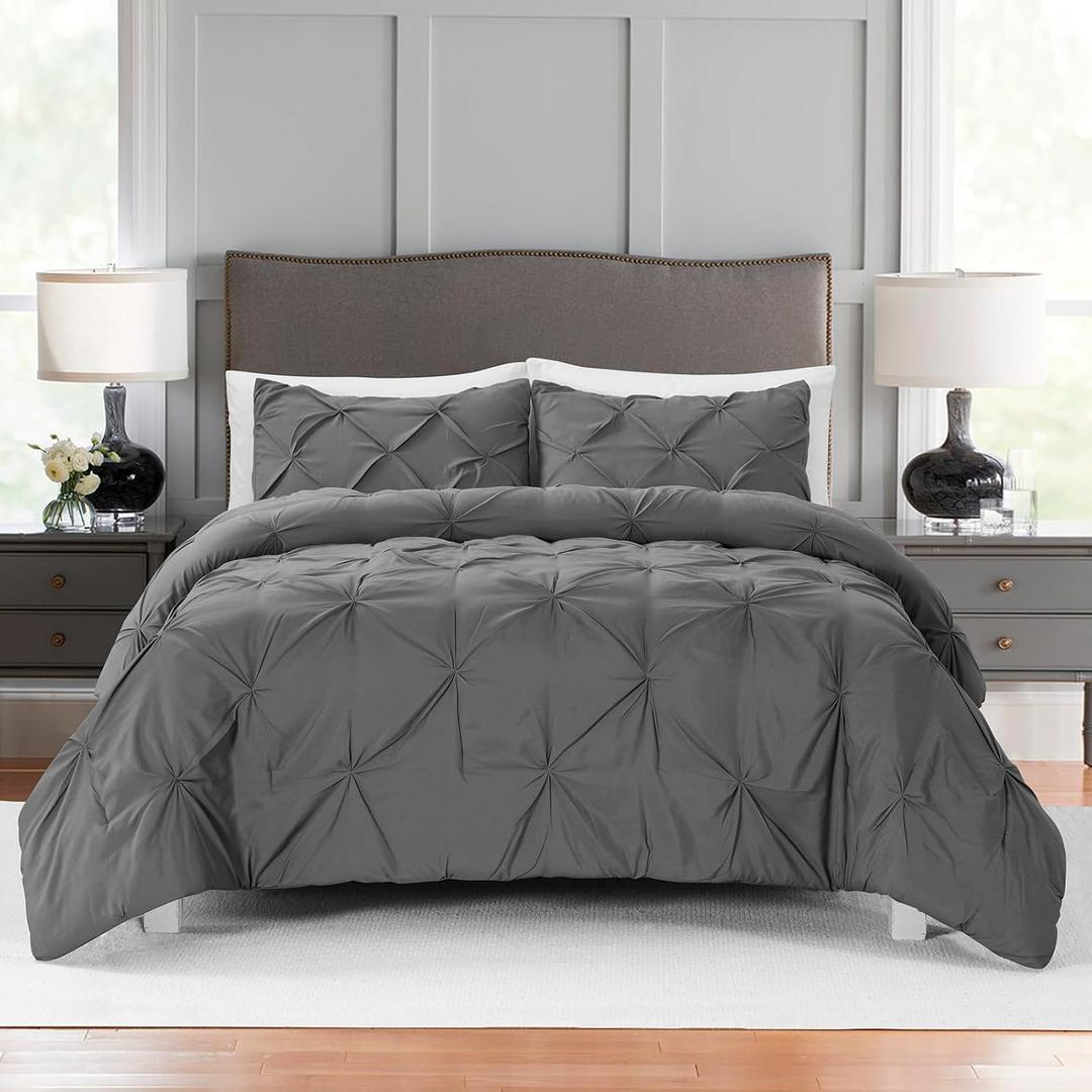 BOURINA Comforter Sets 3 Pieces - Pleat Quilted Soft Warm Oversized Microfiber Luxury Comforter Set,Grey King(102x90inch)