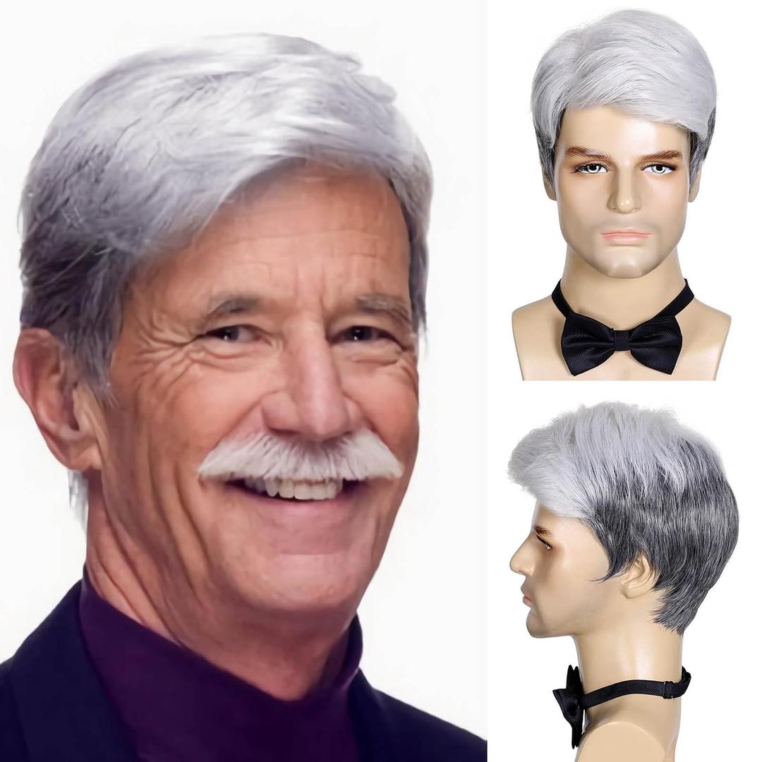 DDHAIR Old Man Gray Mens Wig Short Silver Grey Synthetic Grandpa Wigs for Male's Toupees Halloween Costume Seniors Hair (White mix Grey)