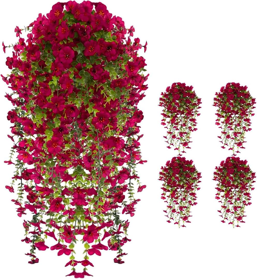 UV Resistant Artificial Hanging Flowers for Outdoors, Faux Morning Glory Fake Hanging Plants for Porch, Garden, Patio & Home Decoration, Realistic Silk Flowers, No Fade, No Watering, 4 PCS, Rose Red