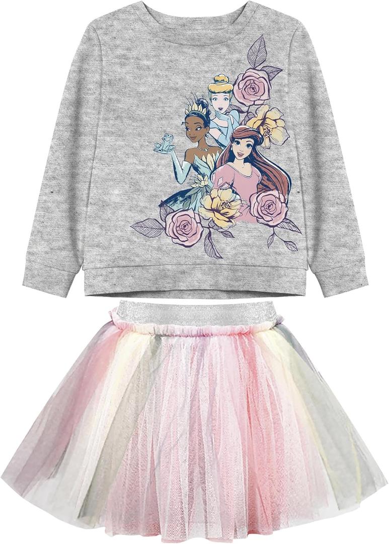 Disney Girls Princess Ariel Tiana Cinderella Skirt Set Sweatshirt And Tutu, Gray, 3T US