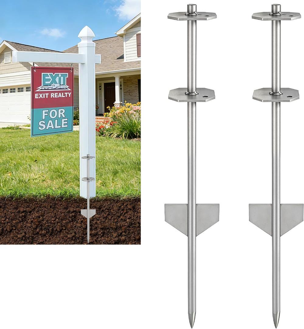 Chonway 2 Pack 28in Heavy Duty Metal Yard Sign Stakes Realtor Sign Post | For Real Estate Sign Posts, Mailboxes, Long Yard Sign Holder Sign Post Stake for Pipes Less Than 3.7", Silver