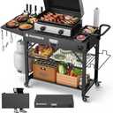 Raynesys Outdoor Grill Cart, 440lbs Outdoor Grill Table, 31x17 inch Blackstone Griddle Stand, Portable Folding Cart with Wheels, 2-Tier Storage Rack & Side Storage Box (Black)