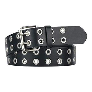 macoking Womens Belts for Jeans, Studded Double Grommets Leather Black Belt Women Men-L