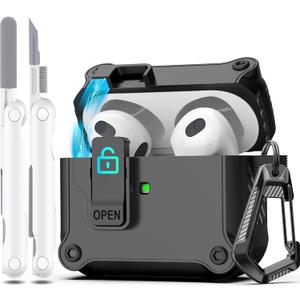 R-fun for AirPods 3 Case Cover with Lock & Cleaning Kit, Keychain, Magnetic Lid, Compatible with AirPods 3rd Generation 2021 Protective Case, Support Wireless Charging, Black