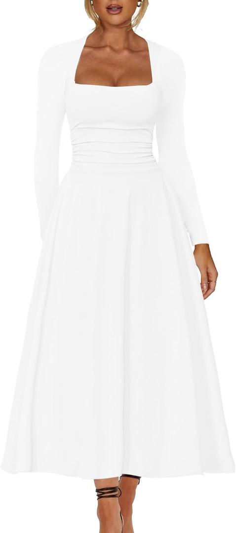 Kaximil Women's Long Sleeve Square Neck Corset A Line Maxi Dress Ruffle Flowy Formal Long Dresses (Medium, White)