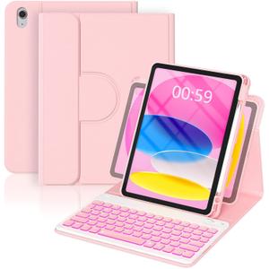 YBING Keyboard Case for iPad 11th Generation 2025 & 10th Generation 2022, 360 Rotating Magnetic Cover with 7-Color Backlit Wireless Detachable Keyboard with Pencil Holder for iPad A16 11" (Pink)