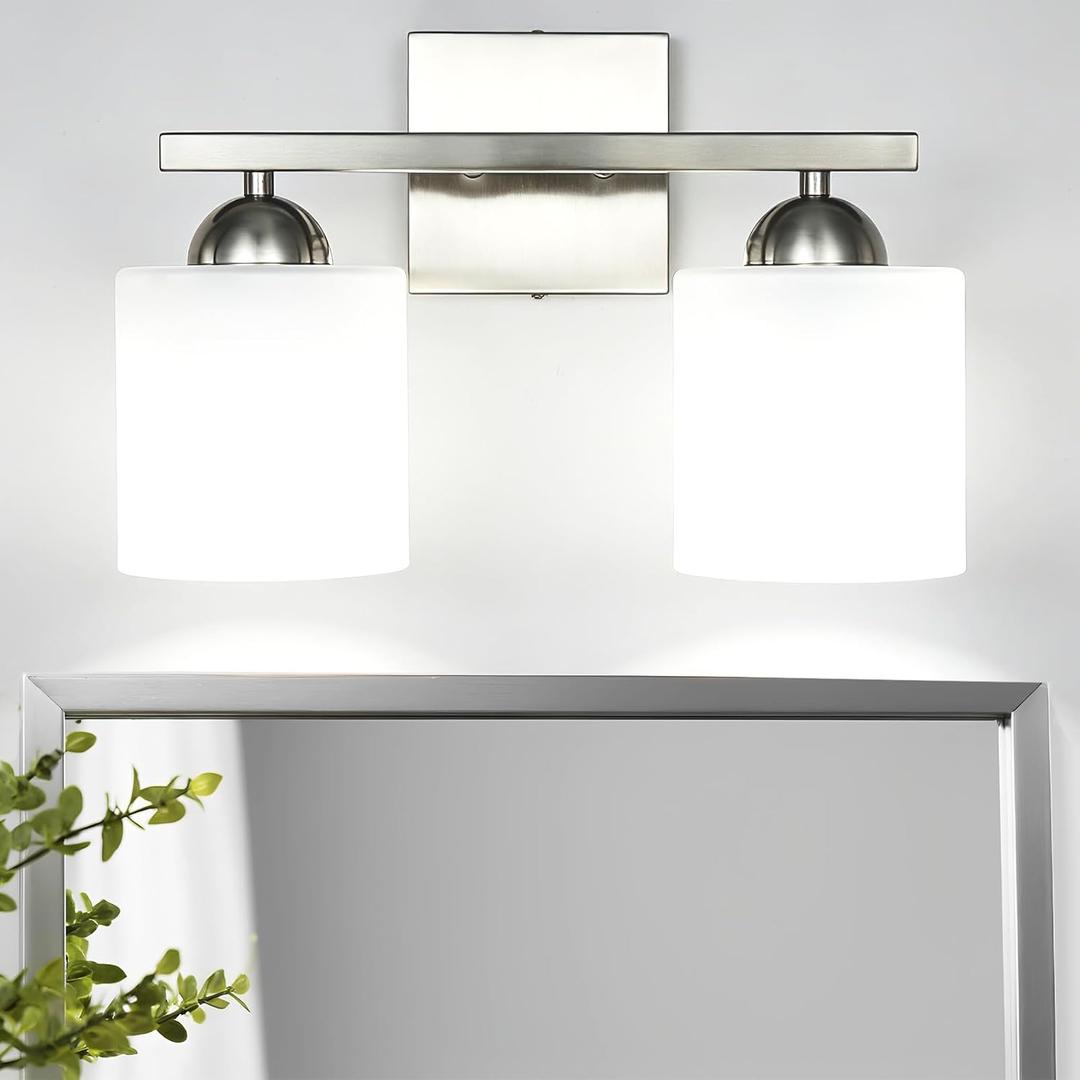 2 Light Brushed Nickel Vanity Lights for Bathroom, Modern Bathroom Light Fixtures Over Mirror, Vanity Light with Milky White Glass Shades, Farmhouse Wall Lights, E26 Socket
